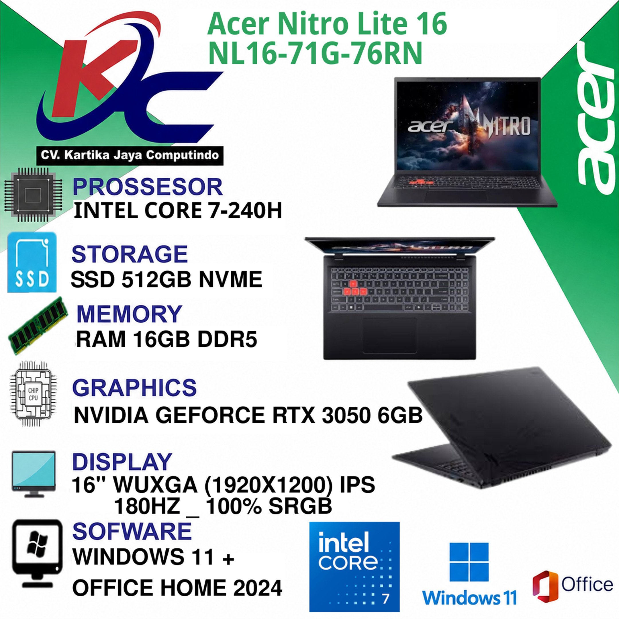 ACER NL16-71G-76RN  CORE 7-240H/ 16GB/ SSD 512GB/ RTX3050/ W11 OHS BLACK